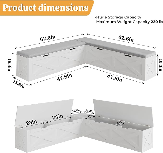 Bobve L-Shape Storage Bench with Cushion, Backless Corner Dining Bench, Kitchen Dining Nook Bench with Hidden Storage for Dining Room, Kitchen, Entryway (White+Grey) - Image 2