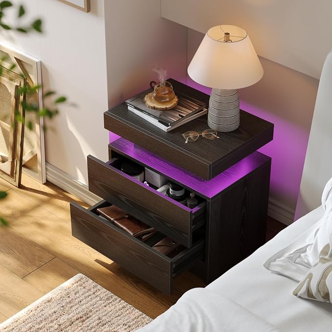 Cubehom Nightstands Set of 2, Bedside Tables with LED Lights, Night Stands with 2 Wood Drawers, End Tables Set of 2 for Living Room/Bedroom - Image 3