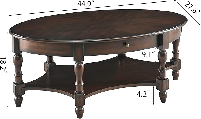 MODERION Coffee Table with Drawer, Solid Wood Oval Center Table with Storage Shelf, Traditional Living Room Table with Elegant Vintage Style, Easy Assembly, 45” x 27.6” x 18.2” Retro Walnut KFZ2233DC