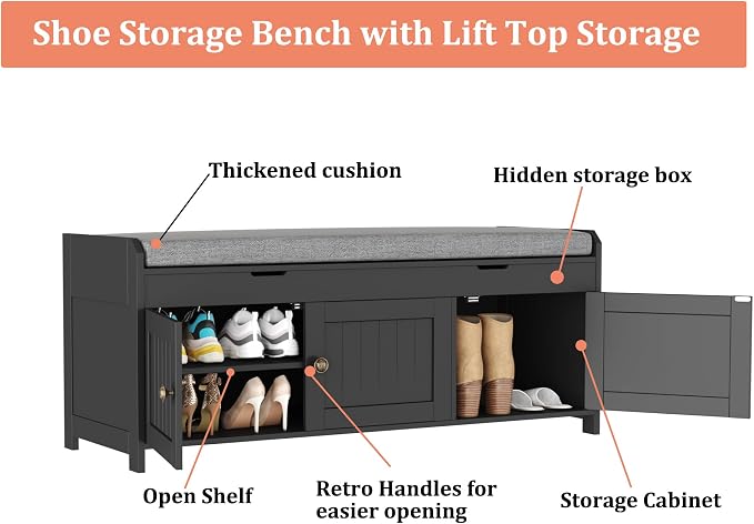 HOMEFORT 41.3" Shoe Bench with Lift Top Storage, Entryway Bench with Cushioned Seat, Wooden End of Bed Bench, Shoe Cabinet Bench with Hidden Storage Space, for Bedroom, Hallway,Black - Image 8