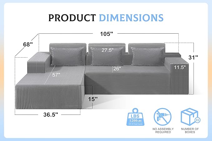 Homguava Modular Sectional Couches for Living Room,105" Cloud Couch with L-Shape Chaise,Comfy Sofa Living Room Sofas with Deep Seat,No Assembly L Couch,Corduroy Fabric(Light Grey,L)