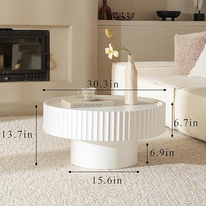 Round Coffee Table, 30.3in Modern Living Room Table, Fluted Drum Circle Tea Table with Storage, Accent Center Tables for Living Room, Apartment, Small Space(30.3''L×13.7''H) (White)