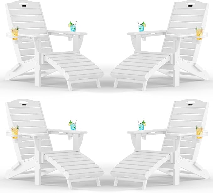 Adjustable Adirondack Chairs Set of 4 with Retractable Ottoman, HDPE Folding Adirondack Chair with Cup Holders, Weather Resistant for Backyard, Poolside & Fire Pit (White) by Suunyn