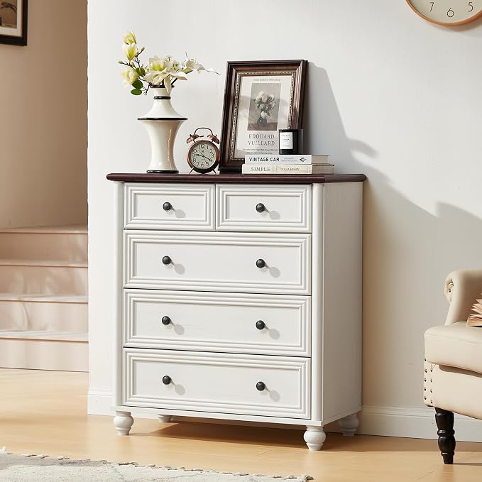 RWYHG Farmhouse 5 Drawer Dresser for Bedroom, 35.5" Tall Small Dressers & Chest of Drawers, Rustic Wood Dresser with Roman Column, Storage Organizer for Living Room, Hallway, Closet (White) - Image 7