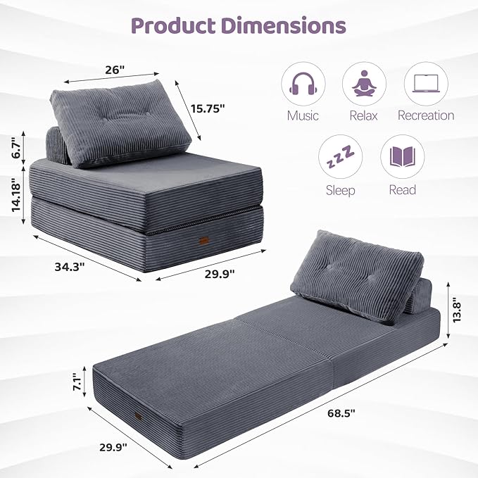 Folding Chair Bed, Convertible Sofa Bed with Pillows,Fold Out Chair Bed with High-Density Foam,Chair Bed Sleeper for Adults Perfect for Living Room 、Hotel 、Apartment ， Single, Dark Gray