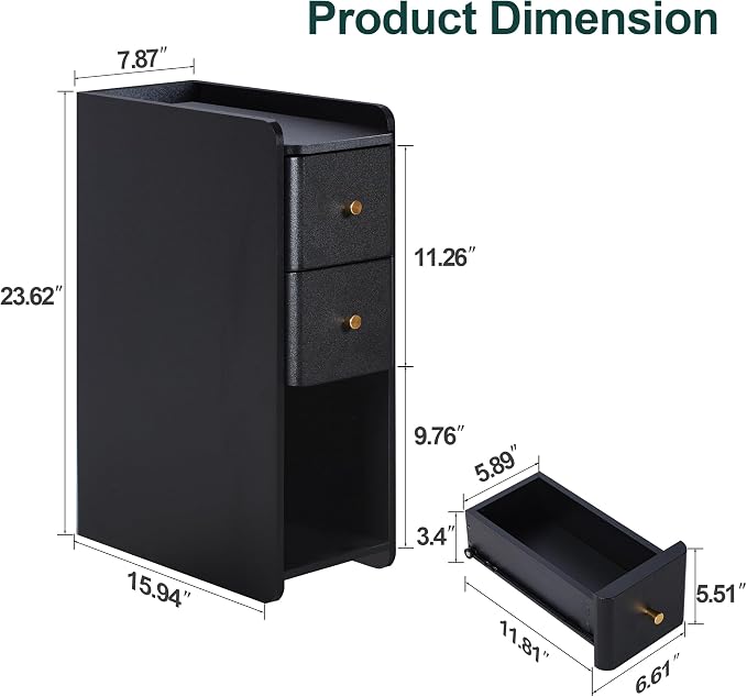 Narrow End Table Bedroom, Wooden Small 2 Drawer Nightstand, Thin Couch Side End Table, Skinny Bedside Table Small Spaces, Mid Century Modern Night Stand with Drawers (Black-1 pc) - Image 2