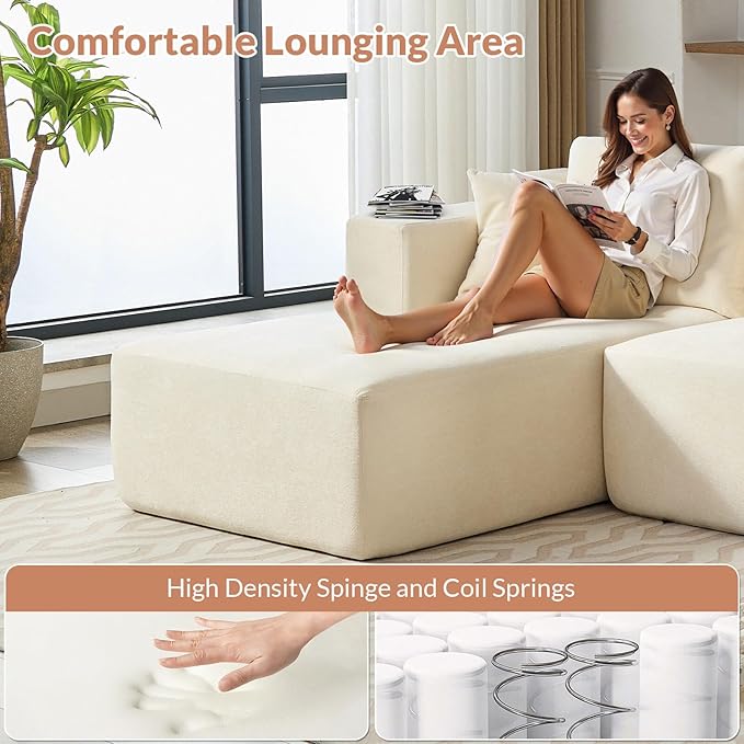 Rovibek Modular No Assembly Compression Sofa with 5 Pillows, L Shape Sectional Couch Deep Seat Couches with Chaise for Living Room, White