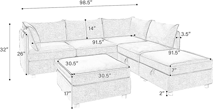 Oversized Modular Storage Sectional Sofa Customizable Seating Group Sofa&Couch Convertible Sleeper Sofabed with Movable Ottomans and Seat, U-Shaped Chenille Upholstered Sofa Couch for Living Room