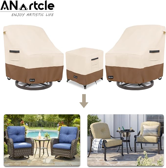 ANartcle 3 Pieces Patio Bistro Sets Cover,600D Waterproof Heavy Duty Patio Furniture Covers,Includes 2 Outdoor Swivel Chair Covers and 1 Patio Wicker Side Table Cover(Beige&Brown) - Image 4