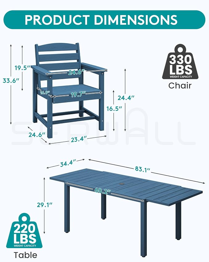 SERWALL 10-Piece Patio Dining Sets with 15FT Patio Umbrella, 60" - 83" Expandable Outdoor Dining Table and 8 HDPE Chairs, All Weather HDPE Outdoor Furniture Set (Umbreall Base not Included) - Image 5