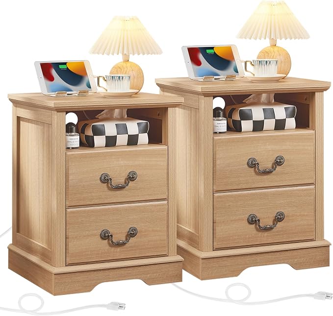 Farmhouse Nightstands Set of 2 with Charger Station, 2 Drawers Night Stand with Storage Shelf, Natural Wood 18" Wide Bedside Table, Rustic Bed Side End Tables for Bedroom, Living Room by Madejustforyourcozyhome