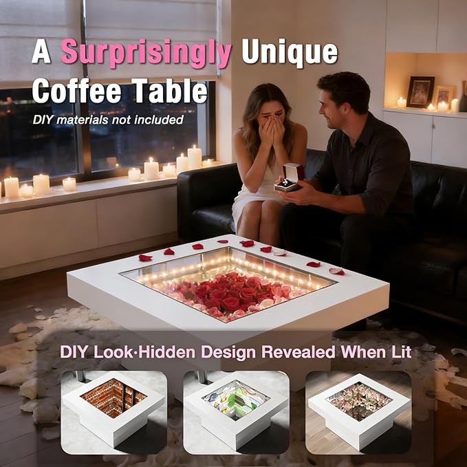 FKWin Modern Coffee Table for Living Room - 31” Endless Depth Mirror Center Table with Led Lights, Unique Square Coffee Table with Tempered Glass-Top, White