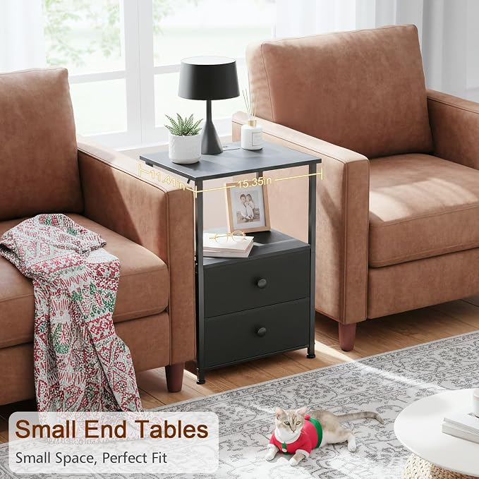LOAKEKEL Night Stand Set 2, Black Nightstand with Charging Station, End Tables with Storage Shelf for Small Spaces, Bedside Table Side Tables with 2 Fabric Drawers for Bedroom, HETS020BK - Image 6