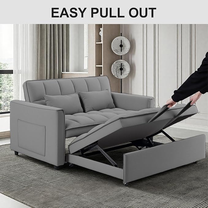 3 in 1 Pull Out Sofa Bed, 54" Sleeper Sofa Bed with 3-Level Adjustable Backrest, Velvet Fabric Loveseat Sleeper Couch for Living Room & Bedroom & Apartment & Dorm Furniture, Dark Grey