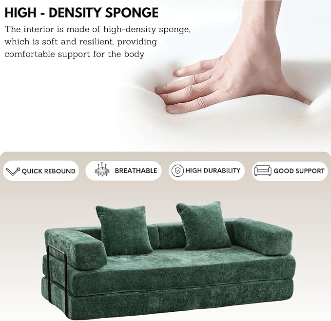 Alpen 77" Convertable Sleeper Sofa, 4-in-1 Pull Out Couch Bed with L-Shaped Armrests, Futon Sofa Bed Queen Size Sleeper Mattress Fold Out Comfy Lounge for Living Room Bedroom, Green