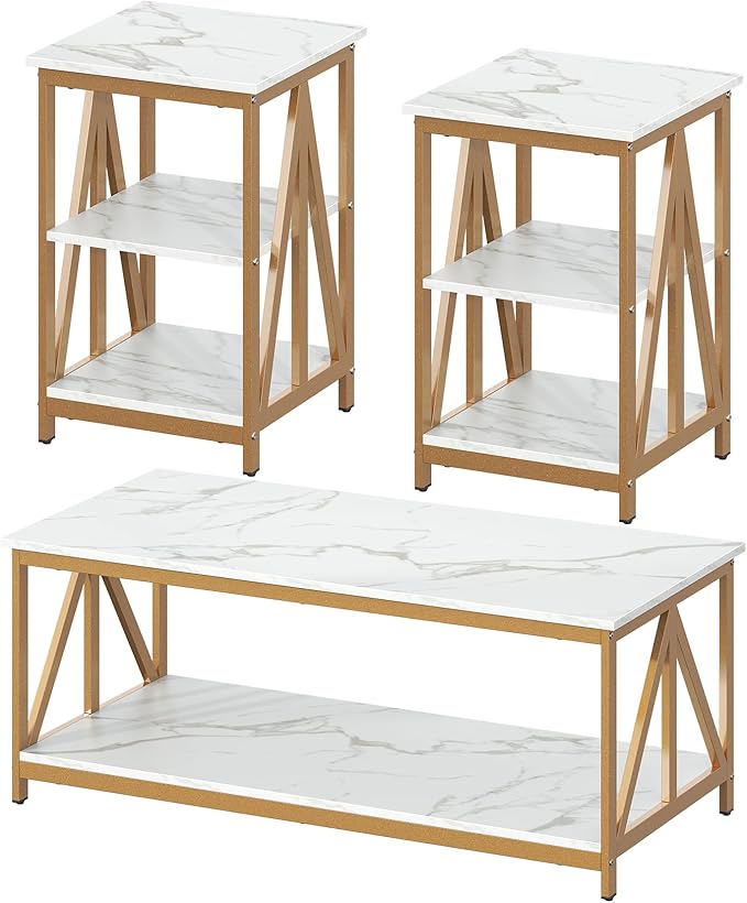 Bigbiglife Living Room Coffee Table Set of 3, Industrial X-Design Coffee Table and 2 End Side Tables, 3 Piece Living Room Table Set with Large Storage for Apartment Home (Marble White)