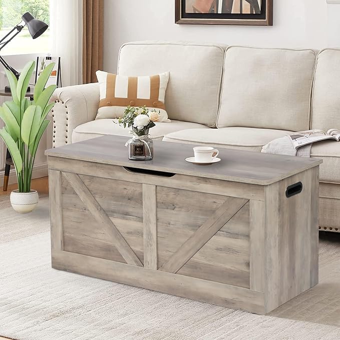 Timberer 39.4" Storage Chest, Wooden Storage Bench, Large Storage Trunk with 2 Safety Hinges, Entryway Shoes Bench for Living Room, Bedroom,Grey - Image 7