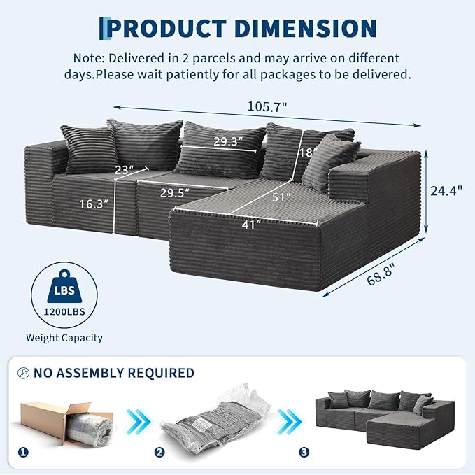 106" Comfy Cloud Sectional Couch with Chaise, Boneless L Shaped Sofa | Fluffy Gray Couches for Living Room, Modular Sofa Couch & Bed, No Assembly Required, (Gray, Right Facing Chaise)