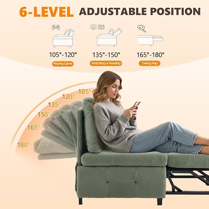 VINGLI Convertible Sofa Bed Tufted Teddy Fleece Sleeper Chair Bed Couch Armless Living Room Chairs with Adjustable Backrest Pull Out Couch Bed for Small Spaces | Armless Sofa Bed