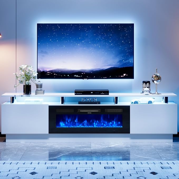 80" TV Stand & Media Console, Entertainment Center with Storage Shelves, Fits TVs up to 90", Modern Living Room Cabinet, 36" Electric Fireplace (White+Black) - Image 2