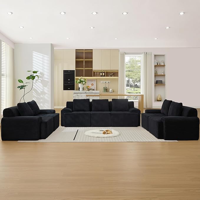 Modular Sectional Sofa, Boneless Couches for Living Room, Corduroy Couch, Big Comfy Couch, Modular Cloud Sofa with Deep Seat (Black, 7 Pieces-Rowshape 3 Side)