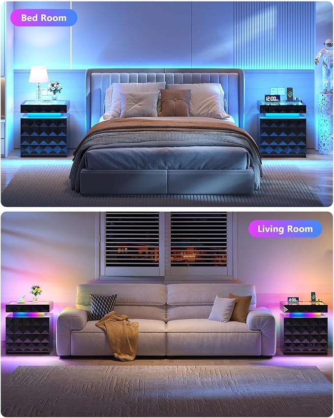 Night Stand Set 2 with Charger Station & RGB Lights, 3 Drawers Bedside Table with Sliding Top, Modern Night Stands with Human Body Sensor for Bedroom, Black - Image 6