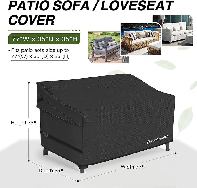 Porch Shield Waterproof Outdoor Furniture Sofa Cover – Patio 3-Seater Couch Cover 77W x 35D x 35H inch, Black - Image 2