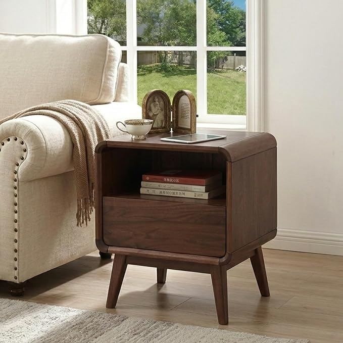 Walnut Night Stand Set of 2, Solid Wood Nightstand with Drawer, Walnut Bedside Table, Mid Century Modern Nightstand, Small Bed Side Table for Small Spaces Bedroom(Dark Black Walnut, 20.47" H) - Image 2
