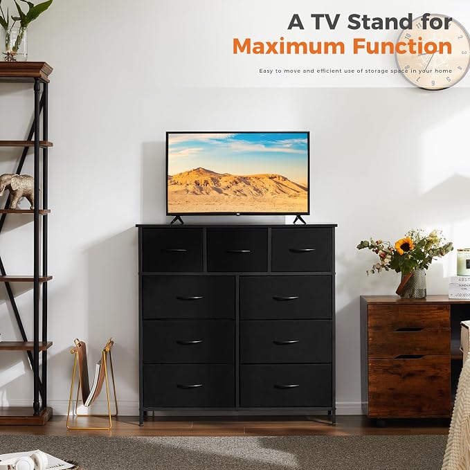 Sweetcrispy Dresser for Bedroom with 9 Storage Drawers, Tall Large Fabric Storage Tower Organizer, Chest of Drawers with Metal Frame Wooden Top for Closet, Living Room, Entryway, Black - Image 7
