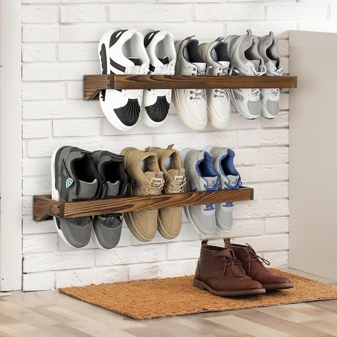 MyGift 30 Inch Rustic Burnt Solid Wood Hanging Shoe Rack, Set of 4 Wall Mounted Storage Organizer Footwear Holder for Closet, Mudroom, Entryway, Holds 12 Pairs - Image 4