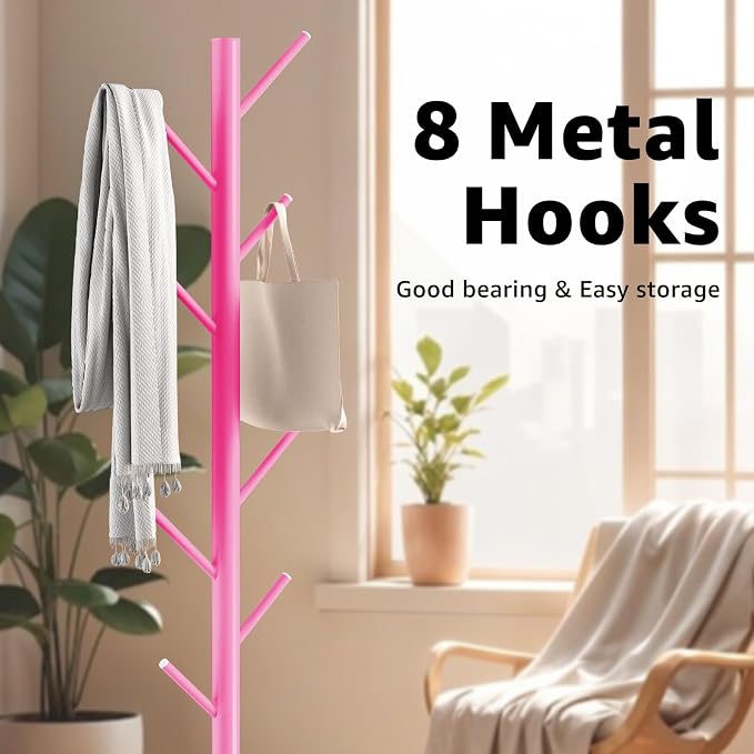 HzTinT Coat Rack with Natural Marble Base, Metal Freestanding Coat Rack with 8 Hooks, 3 Adjustable Size Sturdy Coat Tree for Bags, Coats, and Hats for Entryway, Hallway, Bedroom, Office, Pink - Image 4