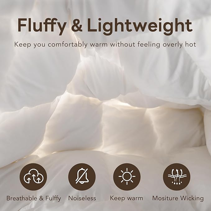 Goose Feather Down Fiber Comforters Queen Size, Extra Fluffy White Duvet Insert, Ultra-Soft, Breathable, Noiseless, All Season Hotel Luxury Collection Bedding Comforters 90"x90"