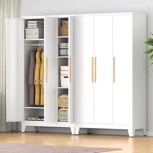 75.3" Tall Metal Armoire Wardrobe Closet with 3 Doors, Adjustable Hanging Rod and 5 Adjustable Shelves, Freestanding Storage Cabinet Organizer for Bedroom, Office, Laundry Room， White