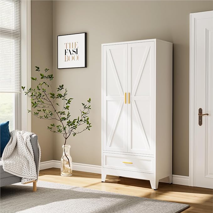 Metal Wardrobe Cabinet, 71" Tall Armoire Wardrobe Closet with Drawer,Hanging Rod and Adjustable Shelf, Farmhouse Clothing Storage Cabinet for Bedroom, Laundry