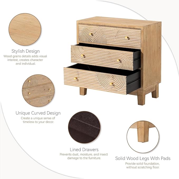 COZAYH 3-Drawer Farmhouse Dresser with Handicraft Wood Ring Motif, Set of 2 Fully Assembled Nightstand Wooden Finish for Boho, Mid-Century, Natural Wood, Rustic - Image 4