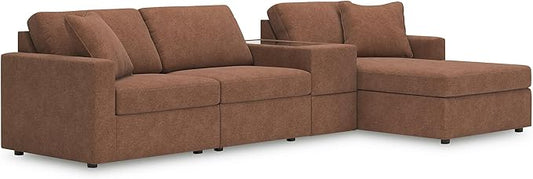Signature Design by Ashley Contemporary Modmax Stain Resistant L-Shape Right-Arm Facing 4-Piece Sectional with Chaise and Storage Console, Orange