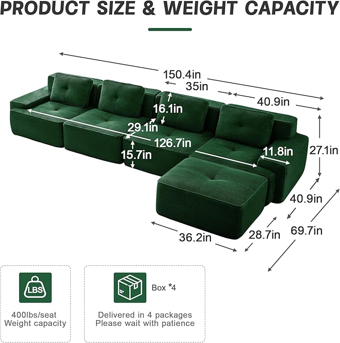 Casaphoria 150'' Corduroy Cloud Couch, 4-Seat L-Shaped Sectional Sofa with 4 Pillows & Ottoman for Living Room, Deep Seat Boneless Couch for Modern Apartment, No Assembly Required, Green