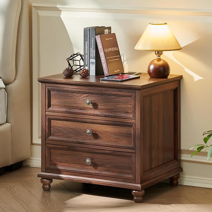 Joaxswe Farmhouse Nightstand with Charging Station, 24" Wide End Table with 3 Drawers,Wood Dresser Cabinet for Bedroom, Bed Side Table Chest of Drawers,Night Stand for Living Room, Closet,Brown by Joaxswe