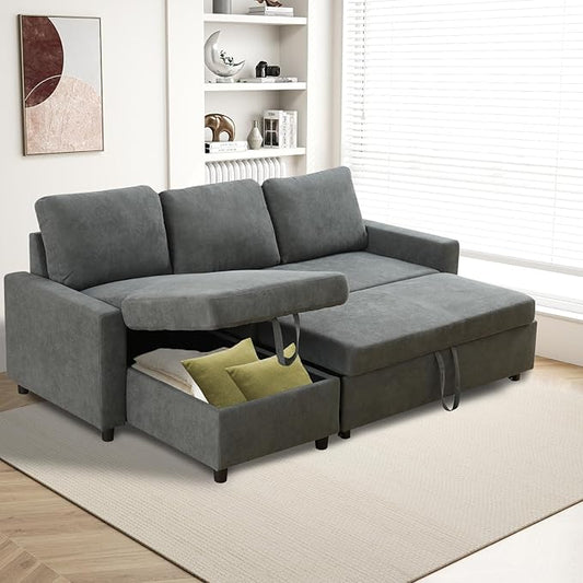 Rovibek 83" Convertible Sofa Bed Couch with Storage - 4 in 1 L Shaped Sofa with Pull Out Couch Bed for Living Room, Apartment, Office, Small Spaces, Grey