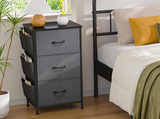 Tall Nightstand, Night Stand with Drawers for Bedroom, Bedside Table with Wooden Top, Sturdy Steel Frame End Table, Dorm Nightstand for Bedroom, Entryway, Hallway, Closet, Cloth Bags, Hooks, Grey - Image 6