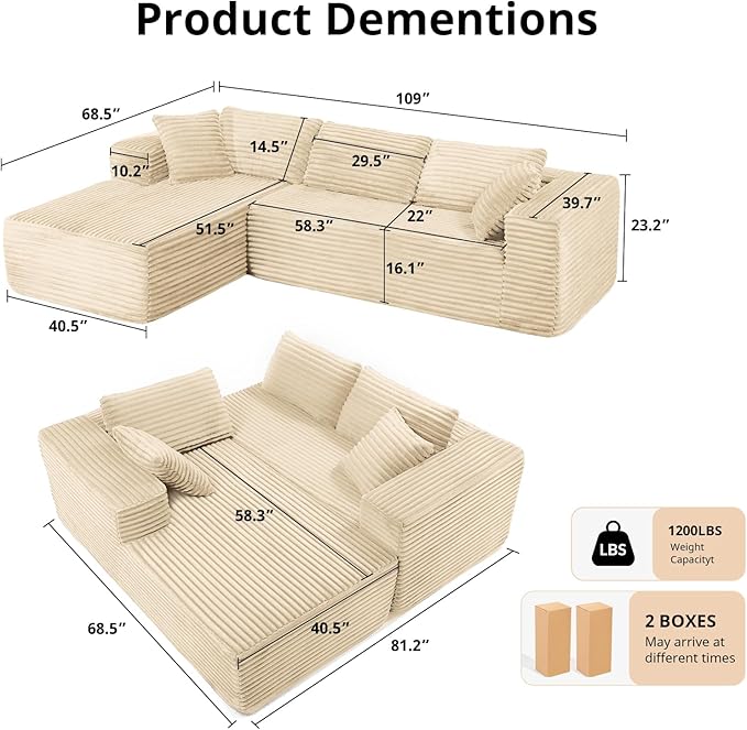 LUCKLIFE Modular Sectional Couch with L-Shape Chaise,Corduroy Upholstery Boneless Couches for Living Room,Oversized Sleeper Sofa,No Assembly Required (Beige, L Shape with Left Facing Chaise)