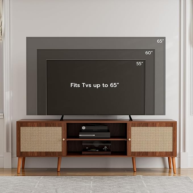 ZttRiee TV Stand for TVs up to 65'', Entertainment Center With Rattan Door, Shelves & 2 Cabinets, Long Boho Media Console for Living Room, Walnut - Image 3