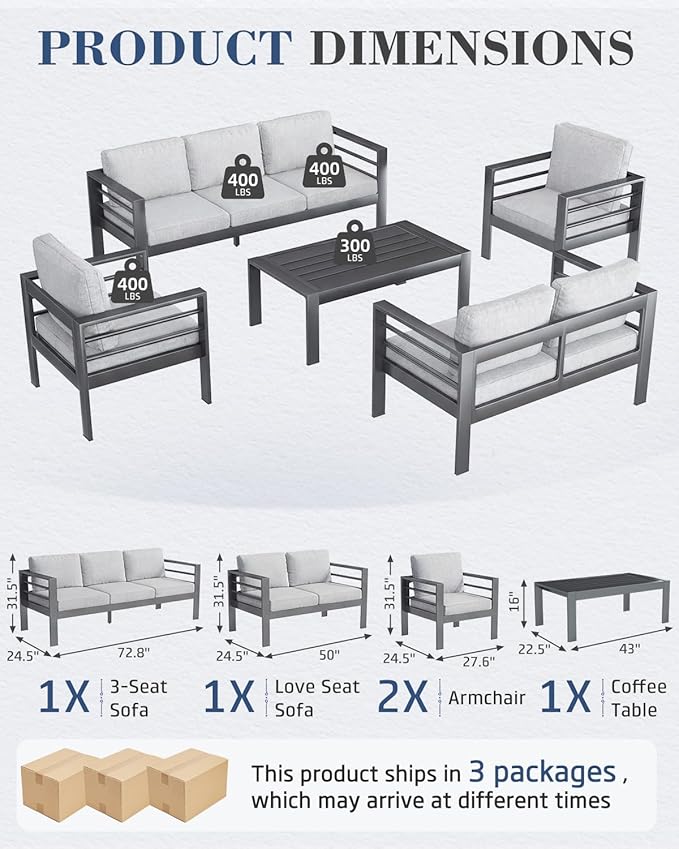 AECOJOY Aluminum Patio Furniture Set, 7 Seats Modern Outdoor Furniture with Coffee Table, 5 Pieces Metal Conversation Sectional Sofa, Light Gray
