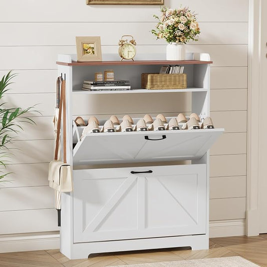 Shoe Cabinet Organizer with 2 Flip Drawers, Farmhouse Narrow Shoe Cabinet with 2 Adjustable Shelves & 2 Hooks, Shoe cabinet storage for entryway, Foyer, Hallway, White, 31.5"W x 8.7"D x 41.7"H by Draelibor