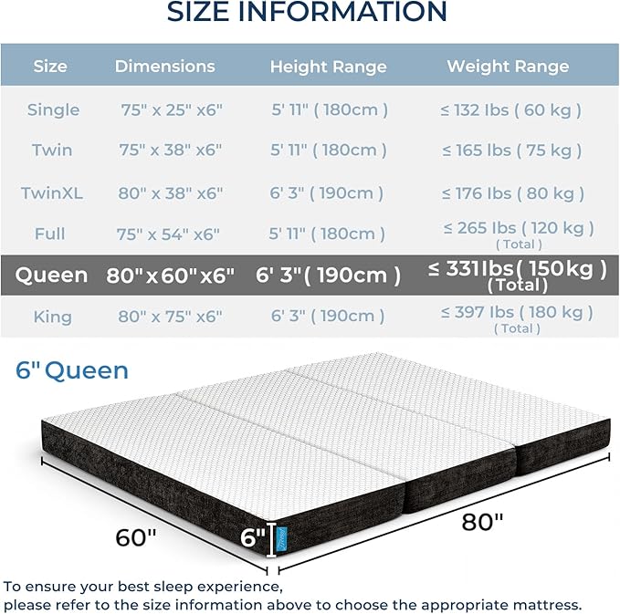 Odorless Foldable Mattress Queen Size 80" x 60" x 6", 6 Inch Folding Foam Mattress with Storage Bag, Fiberglass Free Trifold Memory Foam Mattress for RV, Guest Bed