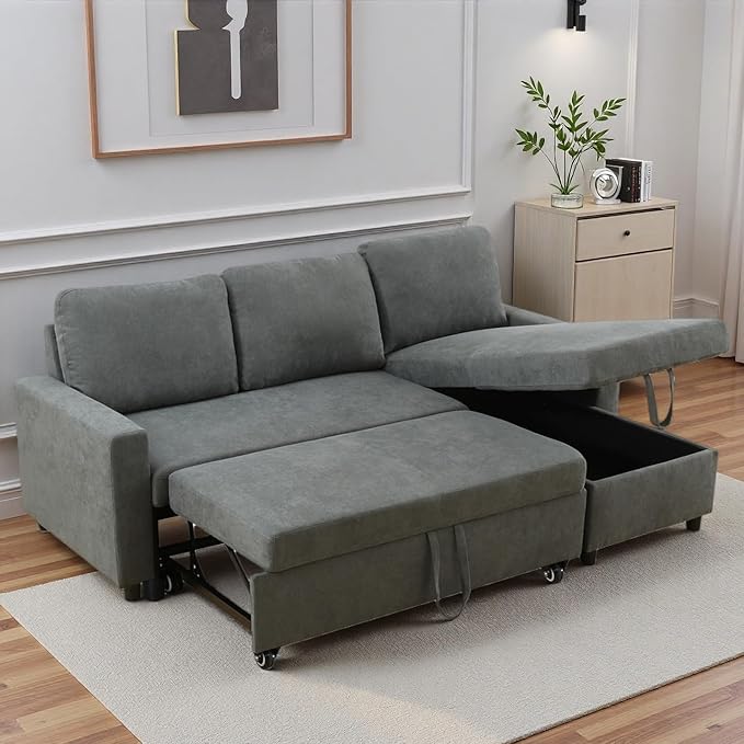 83 Inch Pull Out Couch, Convertible Sofa Bed for Living Room, Comfortable Sleeper Sofa with Pull Out Bed, Modern Sectional Couches with Storage Chaise, Easy Assembly for Apartment, Dark Grey