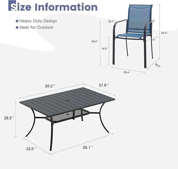 VICLLAX Patio Table and Chairs Set for 6, Patio Furniture Set of 6 Patio Stackable Dining Chairs and Outdoor Metal Table with Umbrella Hole for Backyard Lawn Garden, Blue Chairs and Black Table - Image 7