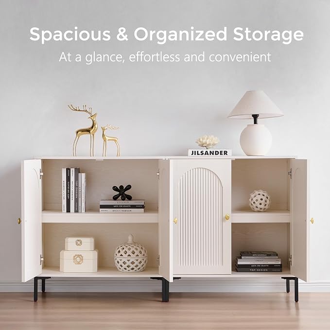 IFGET Modern TV Stands for 85 Inch TVs, 123.5‬"W Wood Entertainment Center w/Adjustable Shelves, Mid Century Modern TV Stand w/Arched Fluted Doors, Media Console Cabinet for Living Room, White - Image 3