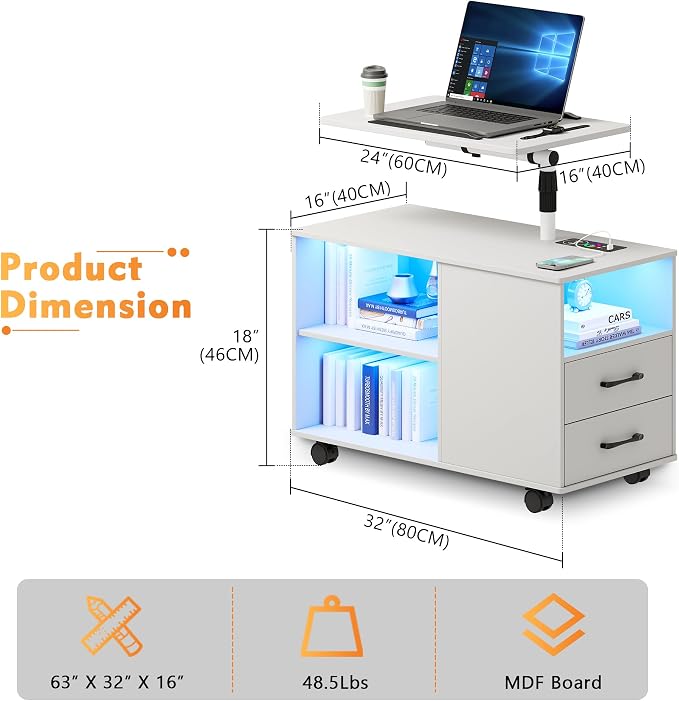 Gurexl 360° LED Nightstand with Wireless Charging Station for Bedroom, Movable Adjustable Bedside Table with Laptop Tray, Auto Sensor End Table with 24 Color Dimmable -White - Image 2