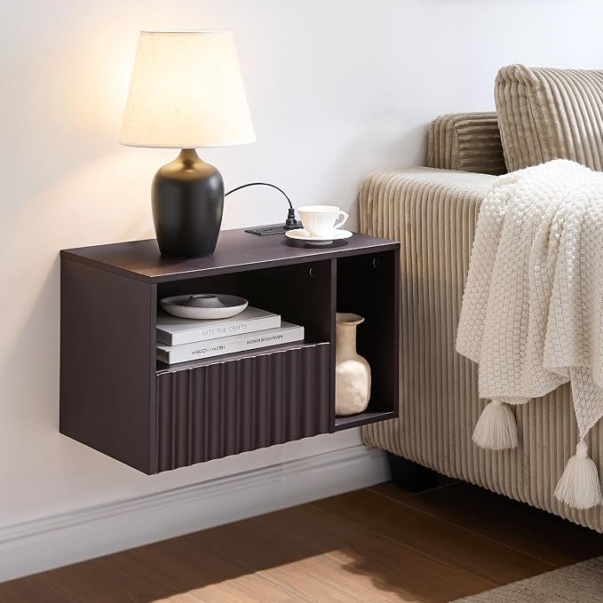 BuildHom Modern Espresso Fluted Floating Nightstand with Charging Station, NightStand with Drawers, Bedside with USB Ports and Outlets, Bedroom Furniture (Right) by BuildHom